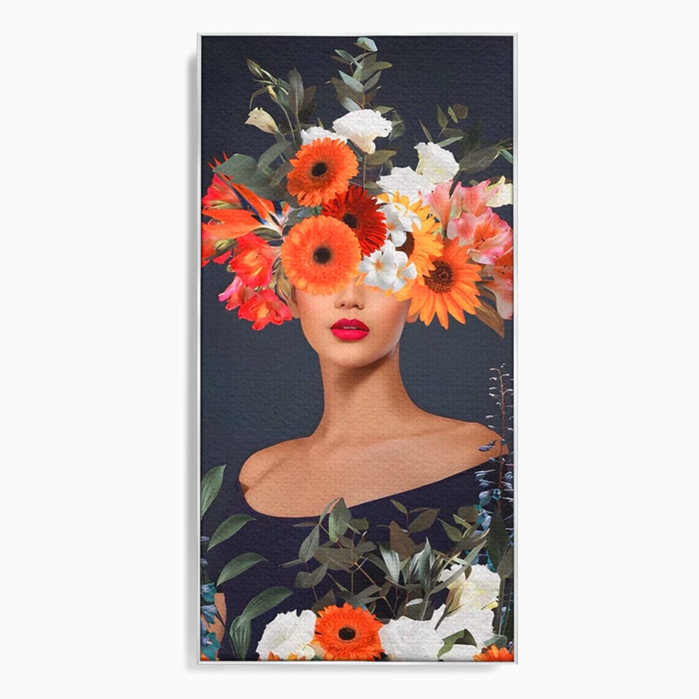 Tablou canvas cu tablou portret femeie cu flori, in rama de aluminiu argintiu
